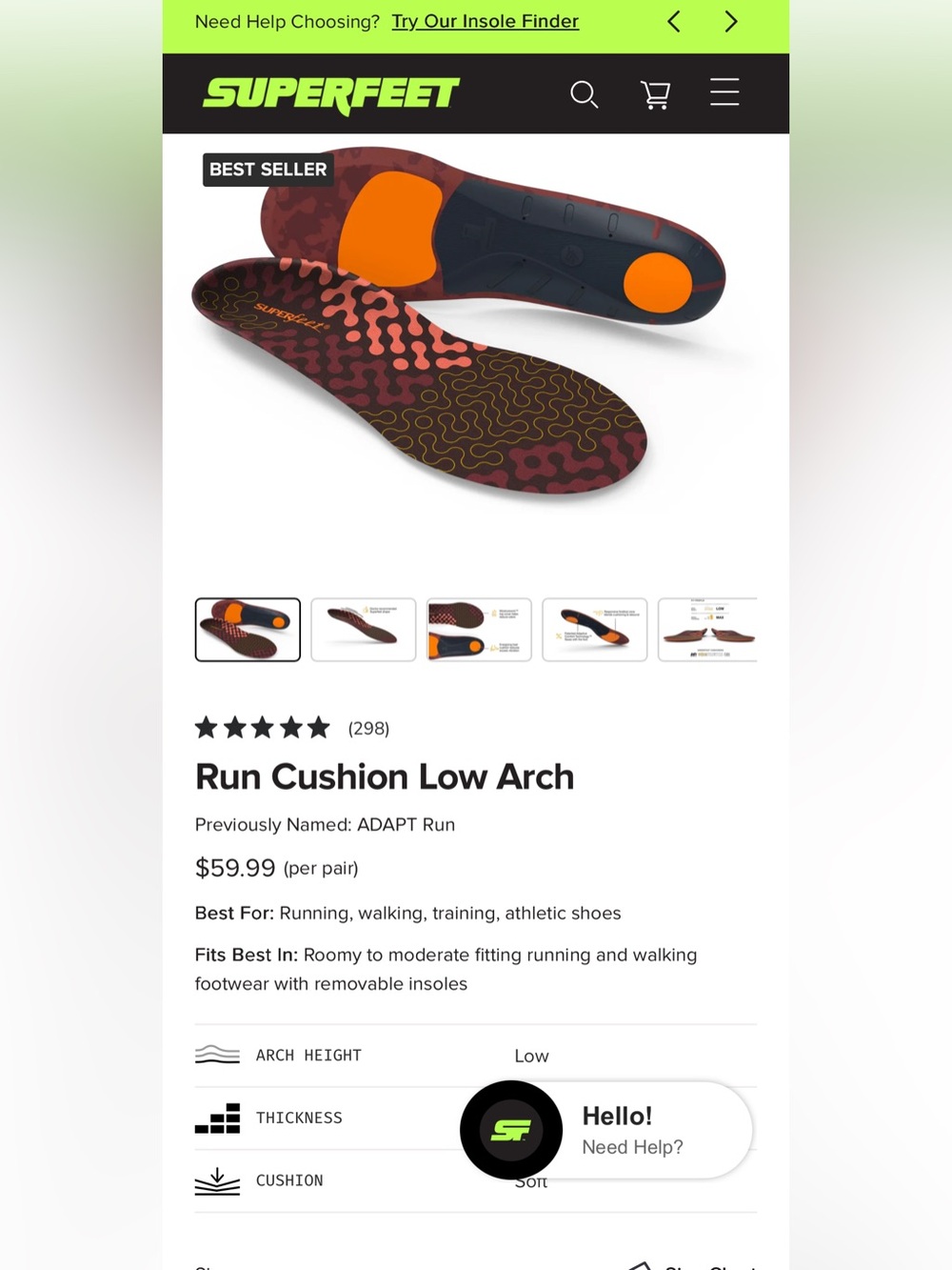 NIB Superfeet Adapt Run Cushion Low Arch Insoles - size C